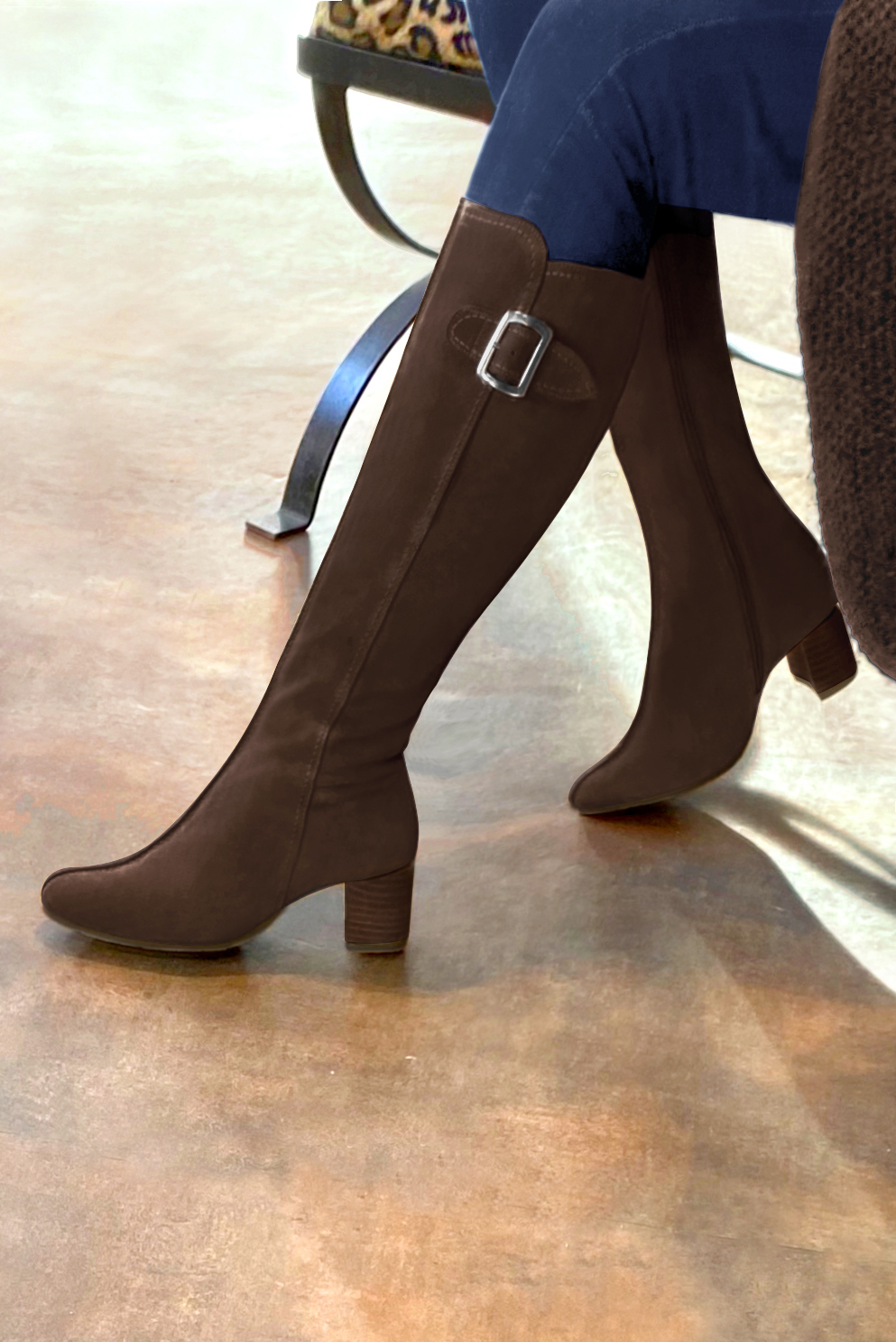 Dark brown women's knee-high boots with buckles. Round toe. Low flare heels. Made to measure. Worn view - Florence KOOIJMAN